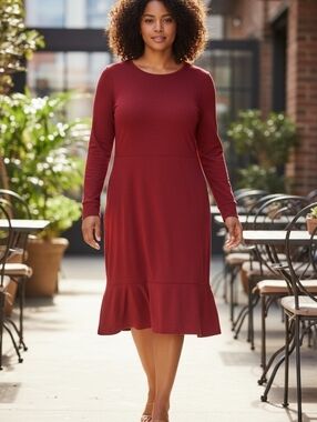 Women's Long Sleeve Ruffle Hem Dress - Burgundy Loft Size 10 Petite